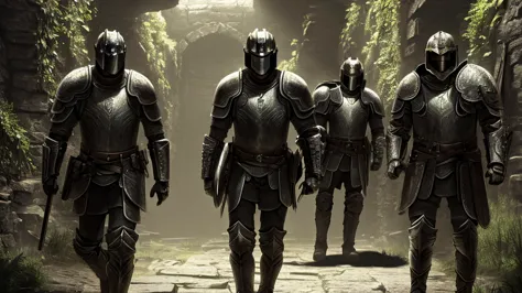 turtle Knights clad in worn armor, exploring through a dark dungeon. 