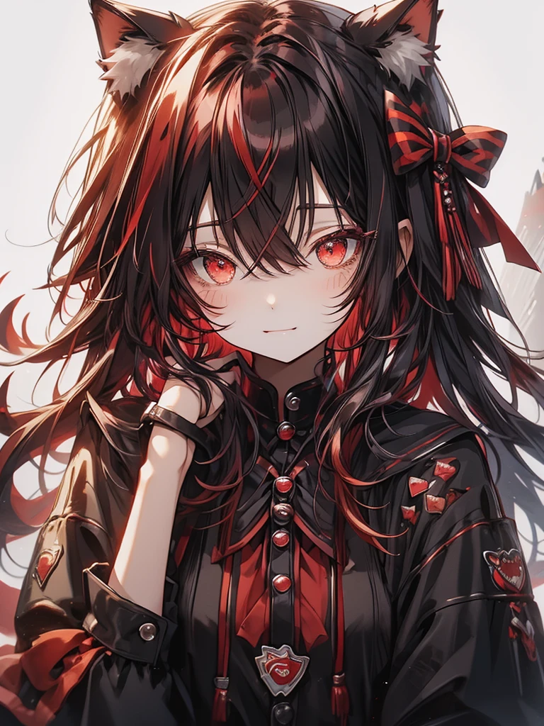 Cat ears with black and red ribbon、red Hair、red Badge、Checkmark clothing、I rest my head on my elbows and think about what to do.、✔、lollipop in mouth held with one hand, Convinced look 