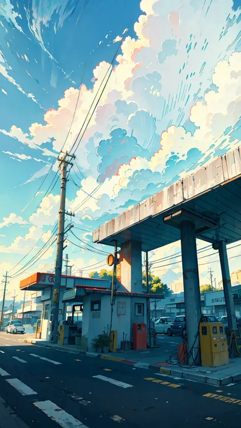 Petrol station, vibrant colors, highly detailed, masterpiece quality, cloudy sky, telephone poles, wide angle view