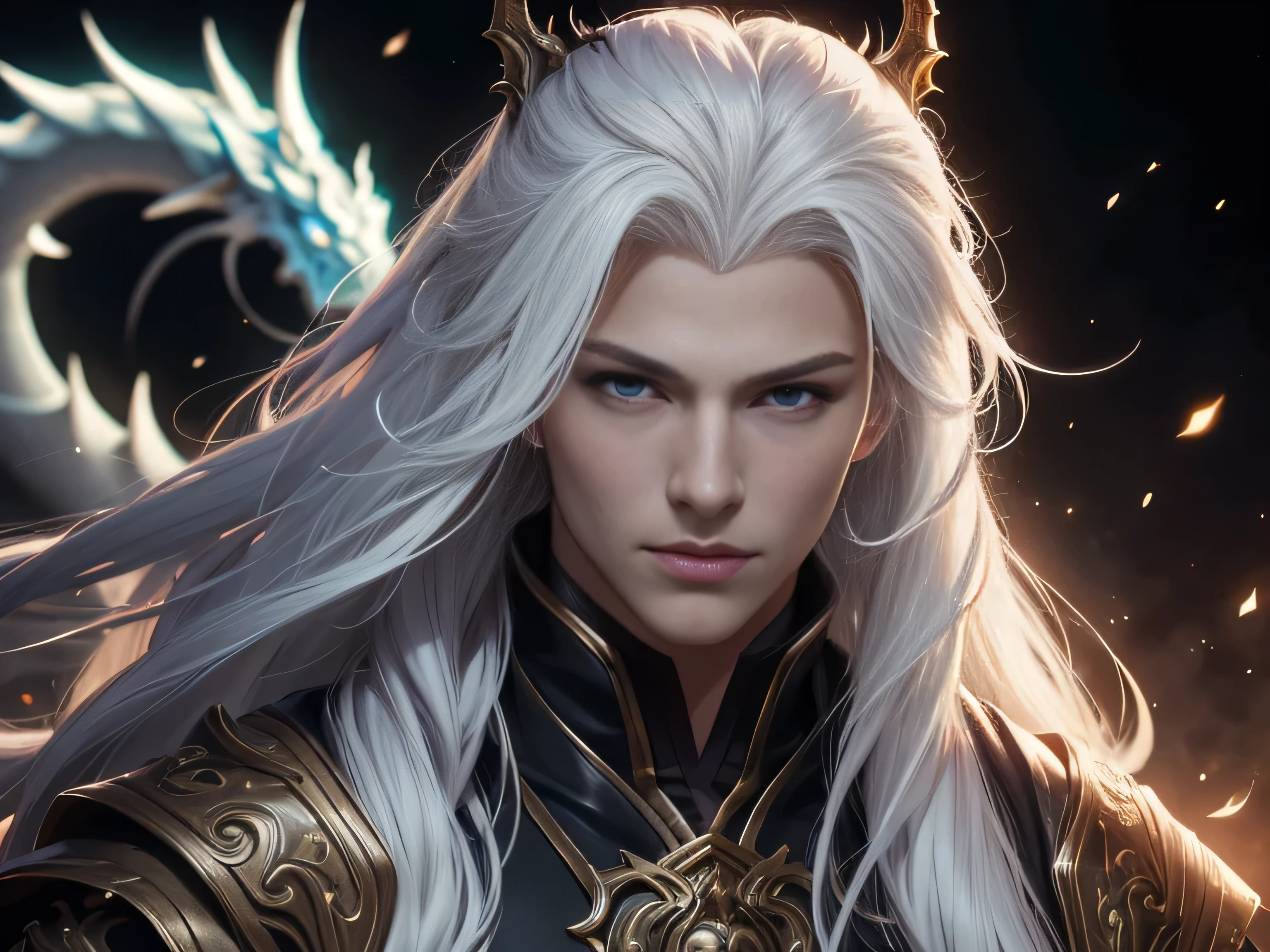 (Best Quality, 8K, Masterpiece, HDR, Soft Lighting, Picture Perfect, Realistic, Vivid), Male Humanoid Dragon (1.0), 1 Guy, Perfect Face, Super Detailed Photo of a Gorgeous Humanoid Dragon Man with Long White Hair, Side by Side lies a white dragon, Beautiful anime fantasy, background blur, anime fantasy, work in the style of Gouves, realism: 1.37, long white hair, plump lips, (Ultra high quality fantasy art), Masterpiece, male model, male character ultra high quality designs, detailed 8k anime art, realistic anime art, highest quality wallpapers, intricate ultra high quality accurate male characters faces, high quality designs and accurate physics (fantasy - ultra high quality art), dark fantasy style), masterpieces, super high quality quality characters, anime resolution - 8K, realistic anime art, wallpapers with the highest quality illustrations, ultra-high detail faces, high-quality design and accurate physics), color, depth of field, shadows, ray tracing, high-quality execution. -high quality and 8K resolution, (Accurate simulation of the interaction of light and materials)], [High-quality hair detail [Read more about beautiful and shiny white hair]], (Beautifully detailed hands [perfect fingers [Perfect nails]]], (perfect anatomy ( perfect proportions)))) [[Full-length]], [Perfect combination of colors (Accurate imitation of the interaction of light and material)], [art that conveys the meaning of the story](modified)