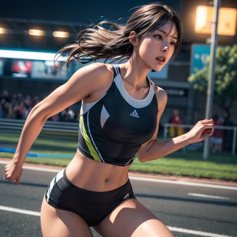 young female athlete racing on the road, long flowing black hair, sleek and aerodynamic running wear, intense expression, severa...