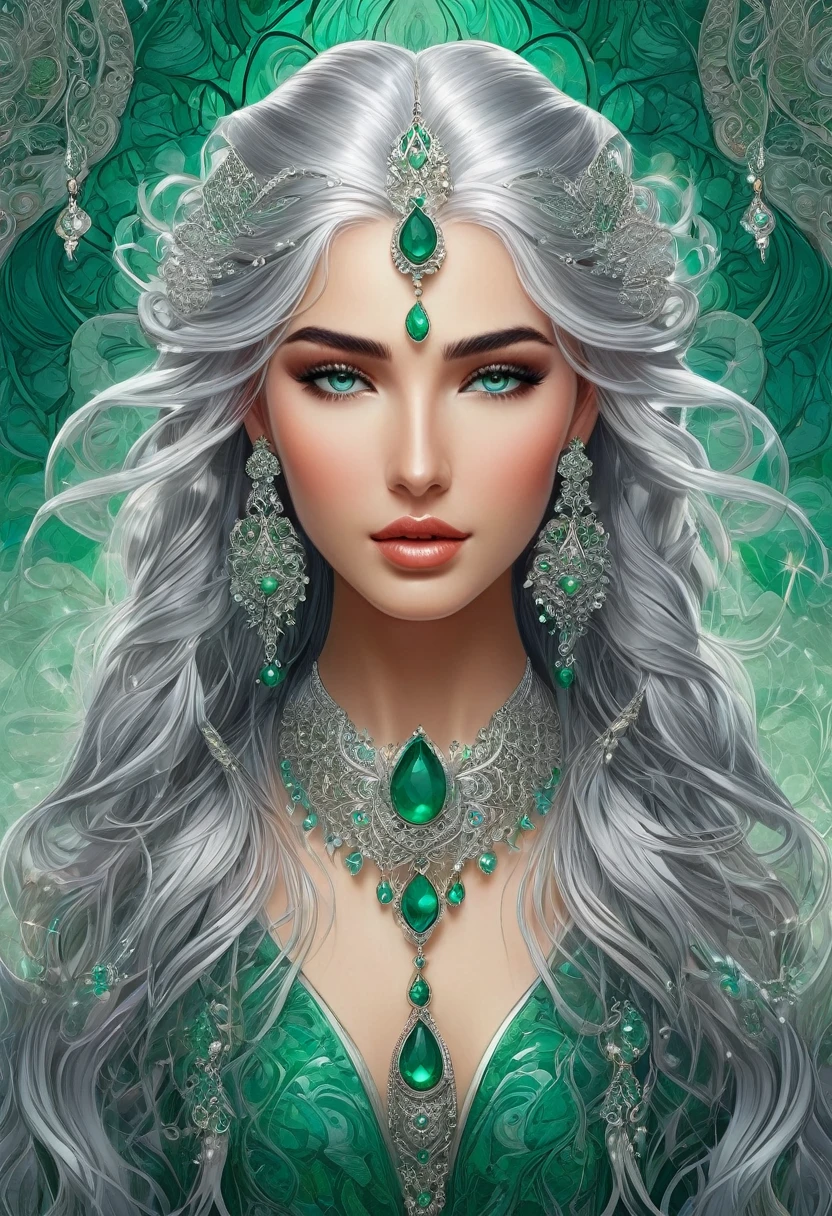 An exquisite illustration of a female mystic with cascading silver hair, captivating emerald eyes, and stunning ornate earrings that shimmer with every movement. Enveloped in a misty atmosphere, she stands proudly amidst a mesmerizing background of intricate patterns and designs. The floral motifs and geometric elements blend seamlessly, creating a mystical and ethereal vibe that draws the viewer into the captivating scene of this enchanting figure.