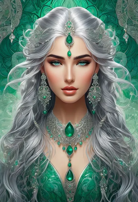 An exquisite illustration of a female mystic with cascading silver hair, captivating emerald eyes, and stunning ornate earrings ...
