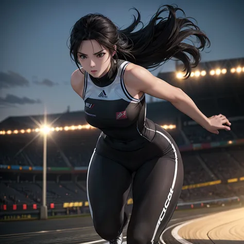 young female athlete racing on the road, long flowing black hair, sleek and aerodynamic running wear, intense expression, severa...