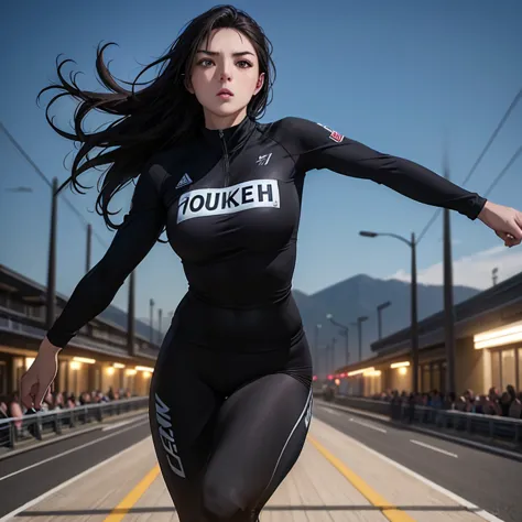 Young female athlete racing on the road, Long flowing black hair, Sleek and aerodynamic running wear, intense expression, Severa...