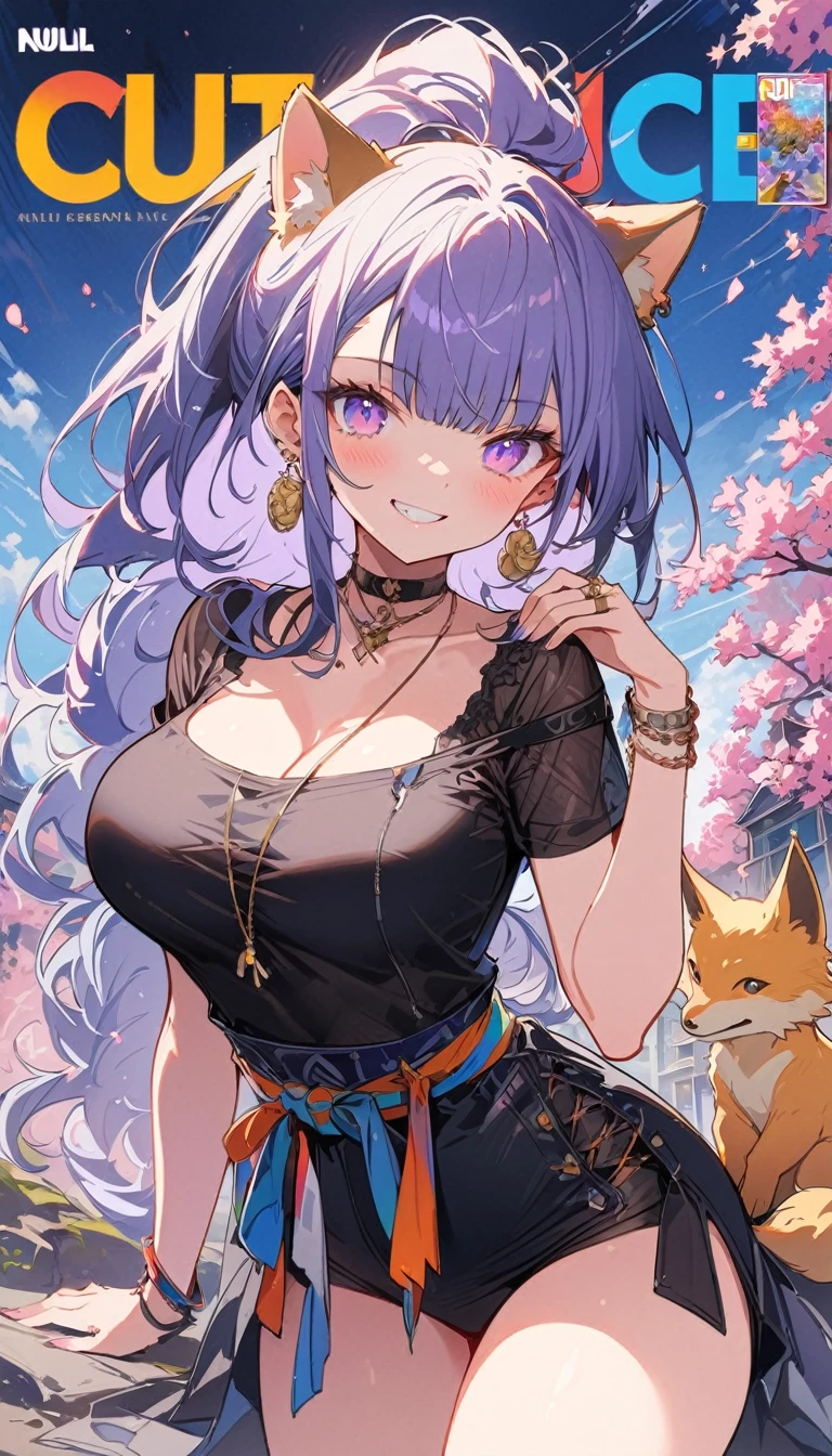 masterpiece, Highest quality, whole body, One girl, bangs, black choker,  blush, bracelet, chest, choker, clothes The surrounding area waist, clavicle,  Cowboy Shot,  ear Earrings, Eyebrows visible through hair, Gradient Hair, Grin, fix, jewelry, Kogal, Long Hair, View Viewer, Earrings,   Red eyes, ring, ,  smile, alone, street, null, cherry blossoms, petal,figure, (magazine:1.3), (cover-style:1.3), fashionable, woman, Vibrant,  Pause, front, colorful, dynamic, background, element, have confidence, Performance, Holding, statement, accessories, Majestic, Coiled, The surrounding area, touch, scene, article, cover, bold, to attract attention, title, stylish, font, Catchy, Heading, big, impressive, Modern, trend, concentrated, fashion,((masterpiece)), Highest quality, Absurd, Super detailed, Holographic, Cowboy Shot, ダイナミックなPause, Golden Ratio, Very cute girl, Mature Girls, Very beautiful, Super beautiful asian girl with super beautiful purple eyes, Very beautiful white hair, Shiny skin, High Ponytail, nice and sexy body, Slim and delicate body, Perfect body,  Cute Panties, Fox Headset, Get your picture taken in a cute alien spaceship,naked,Big Breasts,Sexy