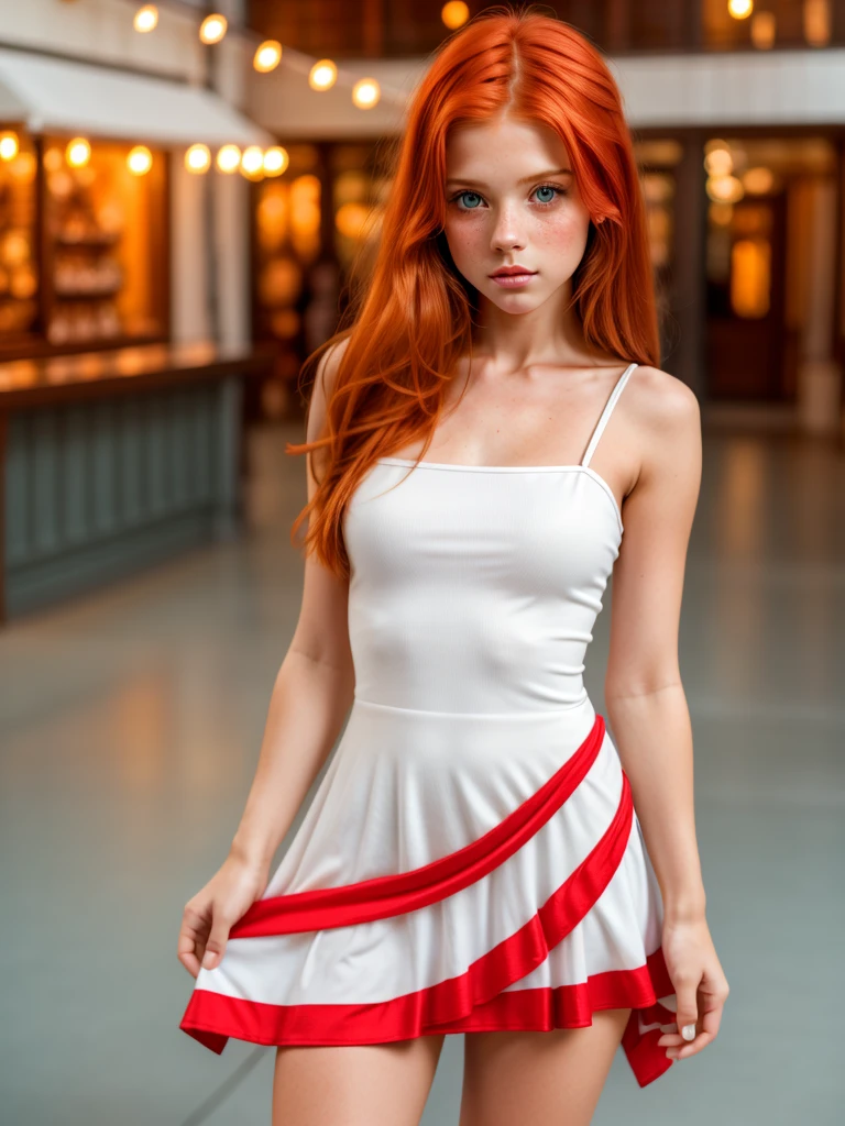 beautiful female glamor model, redhead, orange ginger, face covered in lots of (freckles:.9), candy outfit, white mini skirt, candy cane cocktail dress.