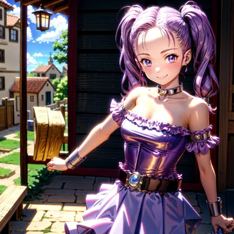 (Masterpiece, Best Quality:1.2), ((Jessica Albert [Dragon Quest], 1girl, frilly red skirt, corset, purple shirt, bare shoulders,...