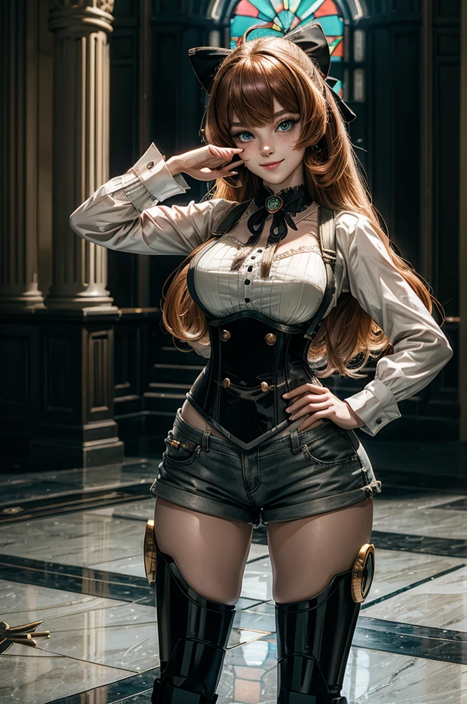 cowboy shot, dynamic pose, smile,  underbust, Penny Polendina, long hair, neck ribbon, suspender shorts, corset, black bow, white blouse, mechanical legs, neon trim, standing inside palace, hand on hip, salute, marble floor, marble pillars, tall stained glass windows, BREAK gala, large crowd, (((crowd in military dress))), (volumetric lighting), intricate details, tonemapping, sharp focus, hyper detailed, 

