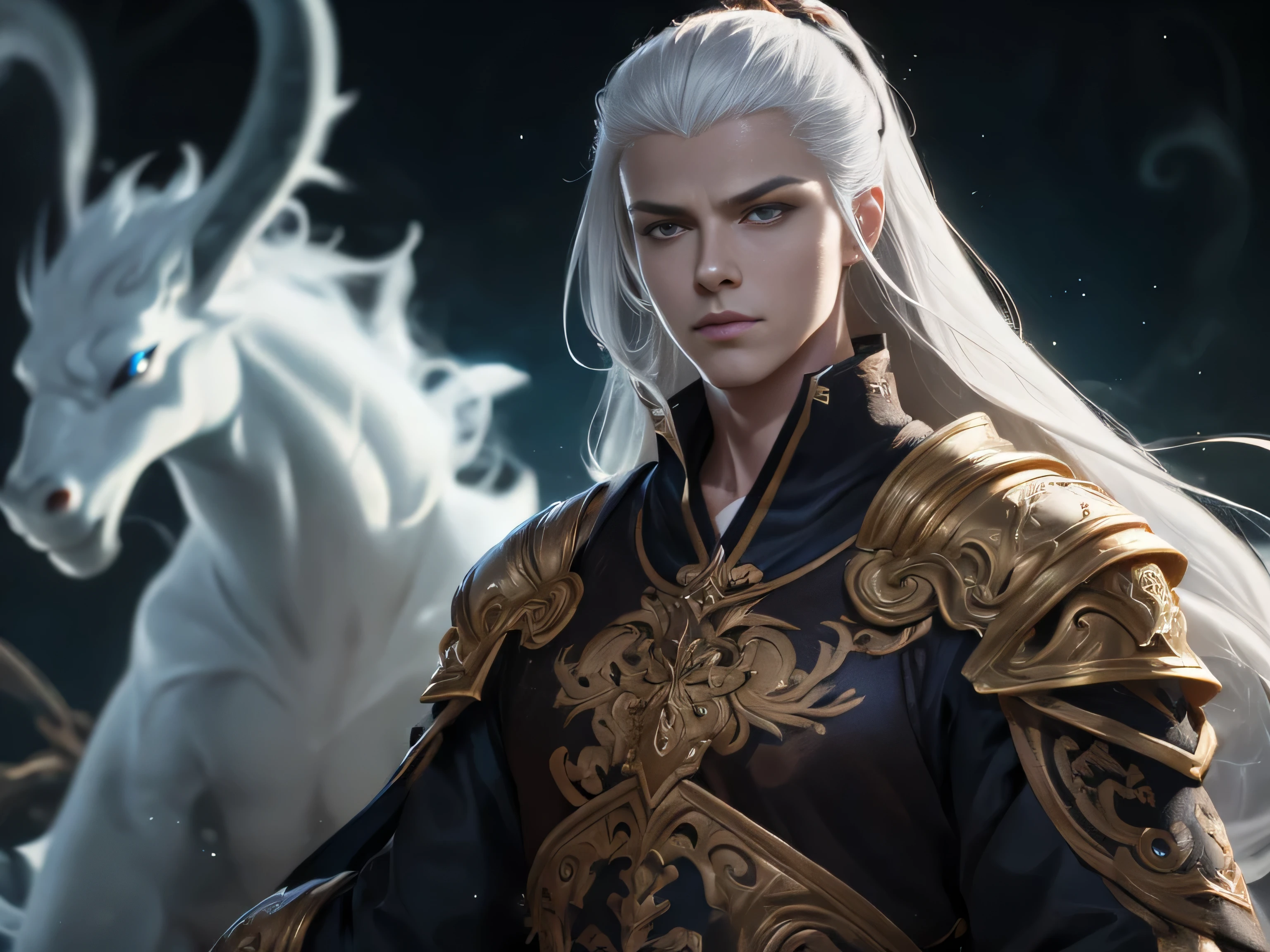 (Best Quality, 8K, Masterpiece, HDR, Soft Lighting, Picture Perfect, Realistic, Vivid), Male Humanoid Dragon (1.0), 1 Guy, Perfect Face, Super Detailed Photo of a Gorgeous Humanoid Dragon Man with Long White Hair, Side by Side lies a white dragon, Beautiful anime fantasy, background blur, anime fantasy, work in the style of Gouves, realism: 1.37, long white hair, plump lips, (Ultra high quality fantasy art), Masterpiece, male model, male character ultra high quality designs, detailed 8k anime art, realistic anime art, highest quality wallpapers, intricate ultra high quality accurate male characters faces, high quality designs and accurate physics (fantasy - ultra high quality art), dark fantasy style), masterpieces, super high quality quality characters, anime resolution - 8K, realistic anime art, wallpapers with the highest quality illustrations, ultra-high detail faces, high-quality design and accurate physics), color, depth of field, shadows, ray tracing, high-quality execution. -high quality and 8K resolution, (Accurate simulation of the interaction of light and materials)], [High-quality hair detail [Read more about beautiful and shiny white hair]], (Beautifully detailed hands [perfect fingers [Perfect nails]]], (perfect anatomy ( perfect proportions)))) [[Full-length]], [Perfect combination of colors (Accurate imitation of the interaction of light and material)], [art that conveys the meaning of the story](modified)