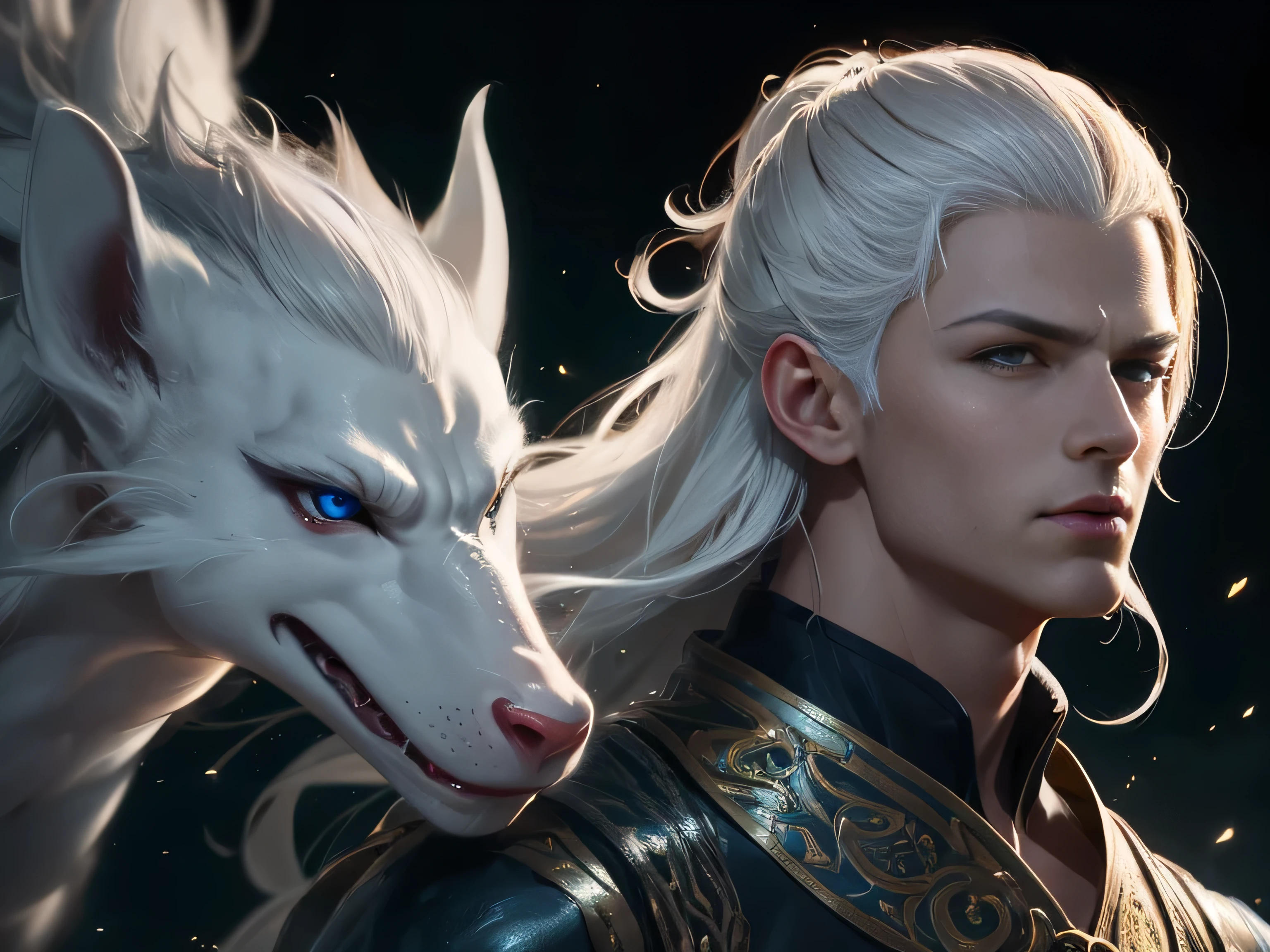 (Best Quality, 8K, Masterpiece, HDR, Soft Lighting, Picture Perfect, Realistic, Vivid), Male Humanoid Dragon (1.0), 1 Guy, Perfect Face, Super Detailed Photo of a Gorgeous Humanoid Dragon Man with Long White Hair, Side by Side lies a white dragon, Beautiful anime fantasy, background blur, anime fantasy, work in the style of Gouves, realism: 1.37, long white hair, plump lips, (Ultra high quality fantasy art), Masterpiece, male model, male character ultra high quality designs, detailed 8k anime art, realistic anime art, highest quality wallpapers, intricate ultra high quality accurate male characters faces, high quality designs and accurate physics (fantasy - ultra high quality art), dark fantasy style), masterpieces, super high quality quality characters, anime resolution - 8K, realistic anime art, wallpapers with the highest quality illustrations, ultra-high detail faces, high-quality design and accurate physics), color, depth of field, shadows, ray tracing, high-quality execution. -high quality and 8K resolution, (Accurate simulation of the interaction of light and materials)], [High-quality hair detail [Read more about beautiful and shiny white hair]], (Beautifully detailed hands [perfect fingers [Perfect nails]]], (perfect anatomy ( perfect proportions)))) [[Full-length]], [Perfect combination of colors (Accurate imitation of the interaction of light and material)], [art that conveys the meaning of the story](modified)