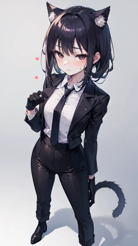 18-year-old Shota，cute，Wear a white long-sleeved shirt and a black work tie，Wear black pants，Wear black booties，Wear white glove...