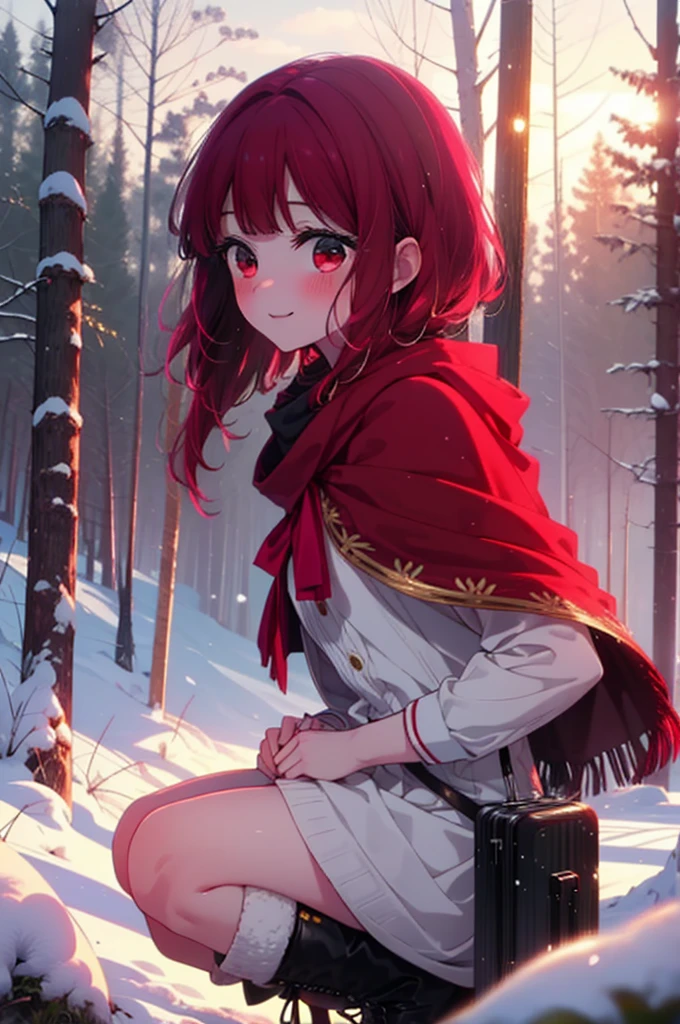 canary, Arima etc..,  Long Hair,bangs, (Red eyes:1.3), Redhead, smile,Small breasts,ribbon,smile,blush,White Breath,
Open your mouth,snow,Ground bonfire, Outdoor, boots, snowing, From the side, wood, suitcase, Cape, Blurred, , forest, White handbag, nature,  Squat, Mouth closed, Cape, winter, Written boundary depth, Black shoes, red Cape break looking at viewer, Upper Body, whole body, break Outdoor, forest, nature, break (masterpiece:1.2), Highest quality, High resolution, unity 8k wallpaper, (shape:0.8), (Beautiful and beautiful eyes:1.6), Highly detailed face, Perfect lighting, Extremely detailed CG, (Perfect hands, Perfect Anatomy),