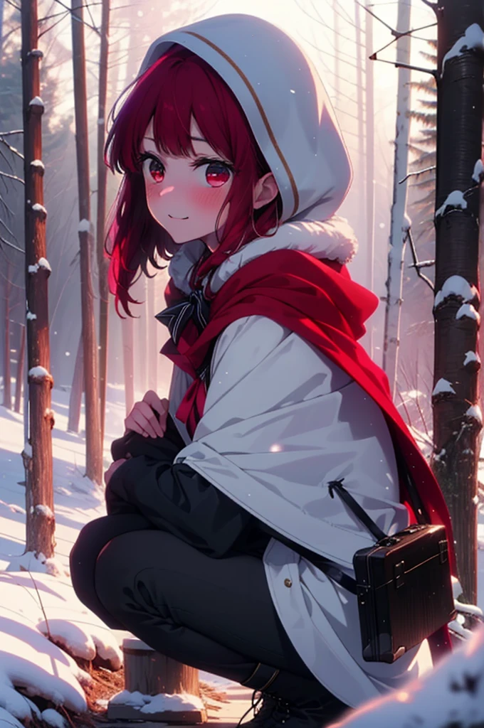 canary, Arima etc..,  Long Hair,bangs, (Red eyes:1.3), Redhead, smile,Small breasts,ribbon,smile,blush,White Breath,
Open your mouth,snow,Ground bonfire, Outdoor, boots, snowing, From the side, wood, suitcase, Cape, Blurred, , forest, White handbag, nature,  Squat, Mouth closed, Cape, winter, Written boundary depth, Black shoes, red Cape break looking at viewer, Upper Body, whole body, break Outdoor, forest, nature, break (masterpiece:1.2), Highest quality, High resolution, unity 8k wallpaper, (shape:0.8), (Beautiful and beautiful eyes:1.6), Highly detailed face, Perfect lighting, Extremely detailed CG, (Perfect hands, Perfect Anatomy),