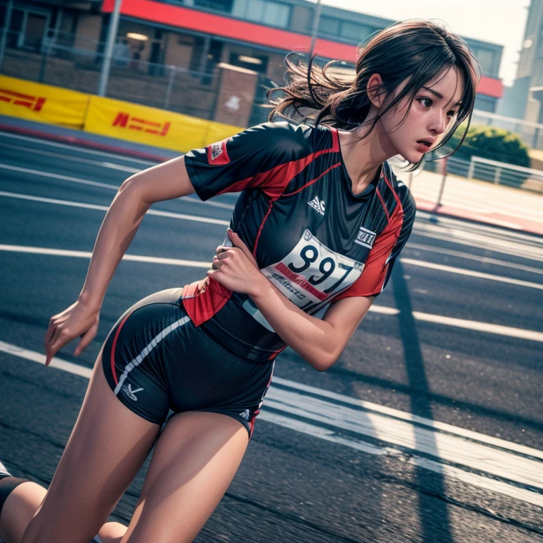 Young female athlete racing on the road, Long flowing black hair, Sleek and aerodynamic running wear, intense expression, Several female athletes compete in a heated race, Dynamic Motion Blur, A low-angle view that emphasizes long legs and powerful strides, Cinema Lighting, Vibrant colors, (Highest quality,4K,8K,High resolution,masterpiece:1.2),Super detailed,(Realistic,photoRealistic,photo-Realistic:1.37),Very detailed顔と目,Beautiful lip detail,Very detailed, hyper Realistic, Professional photography, Cinema Lighting, Dynamic action scenes, Wonderful landscape