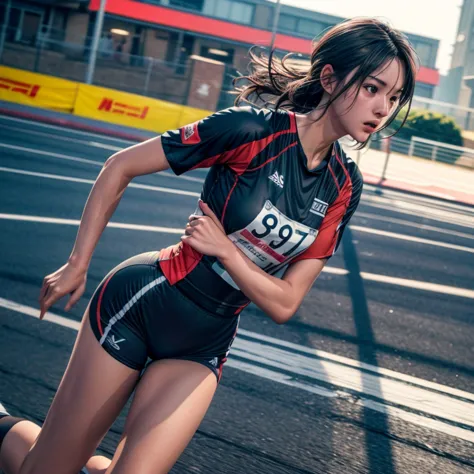Young female athlete racing on the road, Long flowing black hair, Sleek and aerodynamic running wear, intense expression, Severa...