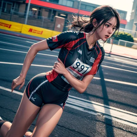 young female athlete racing on the road, long flowing black hair, sleek and aerodynamic running wear, intense expression, severa...