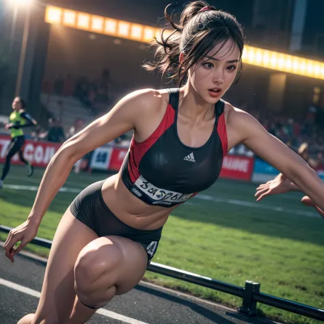 young female athlete racing on the road, long flowing black hair, sleek and aerodynamic running wear, intense expression, severa...