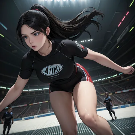 Young female athlete racing on the road, Long flowing black hair, Sleek and aerodynamic running wear, intense expression, Severa...