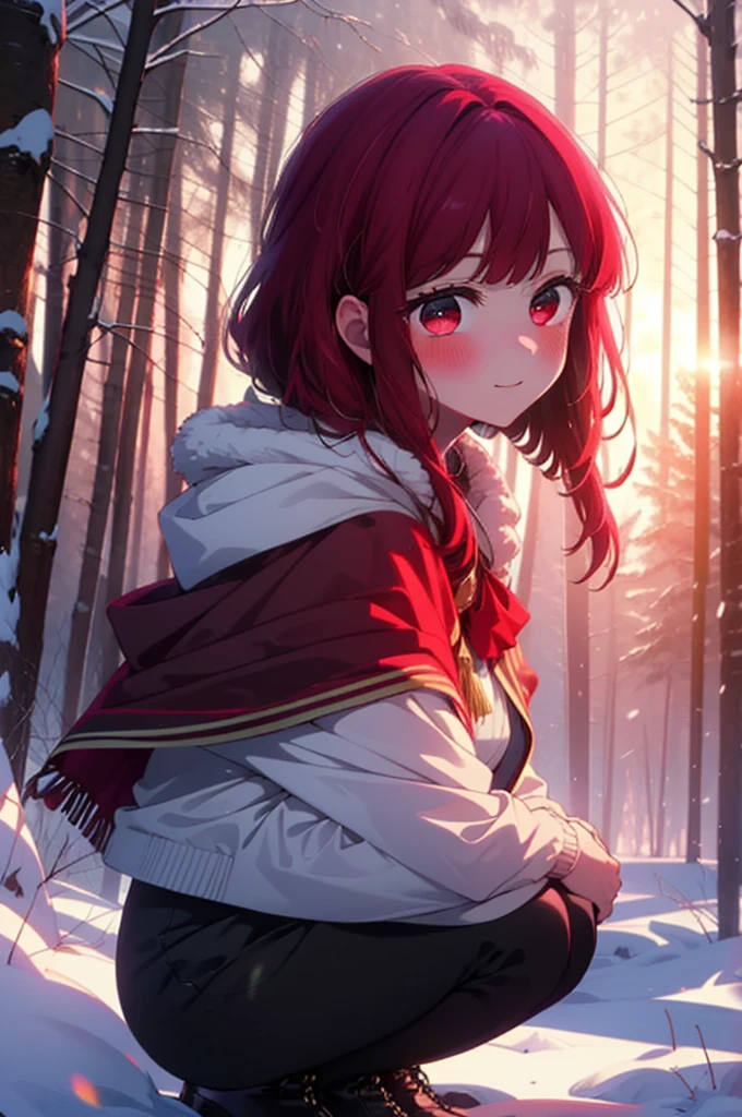 canary, Arima etc..,  Long Hair,bangs, (Red eyes:1.3), Redhead, smile,Small breasts,ribbon,smile,blush,White Breath,
Open your mouth,snow,Ground bonfire, Outdoor, boots, snowing, From the side, wood, suitcase, Cape, Blurred, , forest, White handbag, nature,  Squat, Mouth closed, Cape, winter, Written boundary depth, Black shoes, red Cape break looking at viewer, Upper Body, whole body, break Outdoor, forest, nature, break (masterpiece:1.2), Highest quality, High resolution, unity 8k wallpaper, (shape:0.8), (Beautiful and beautiful eyes:1.6), Highly detailed face, Perfect lighting, Extremely detailed CG, (Perfect hands, Perfect Anatomy),