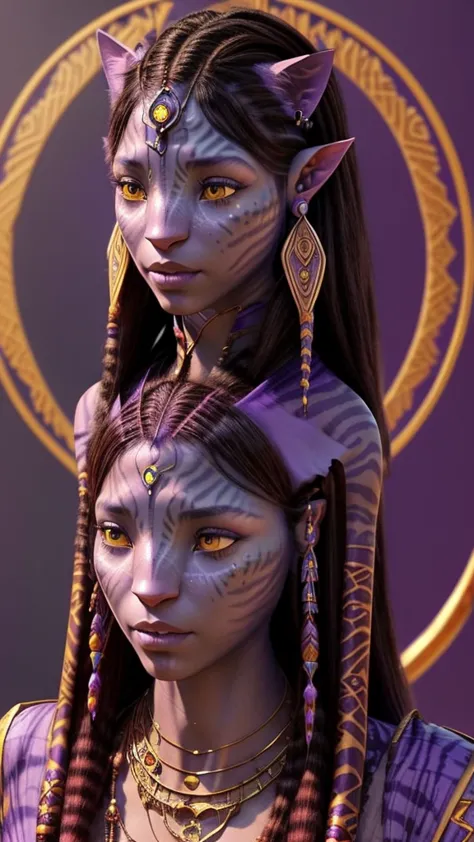 Na'vi woman with purple skin,With dark stripes like a tiger on the skin, Reddish cat ears, Ears with peacock earrings  long cat ...
