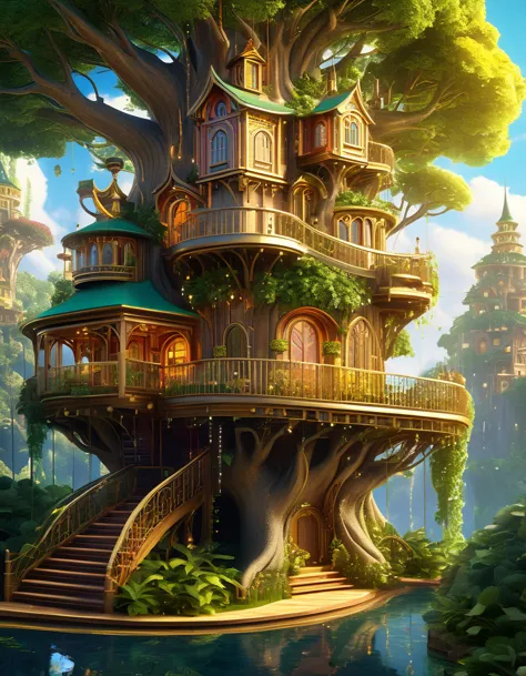 (whimsical treehouse,multiple floors,balconies,large tree,vibrant greenery,magical effect,fantasy,detailed environment,intricate...