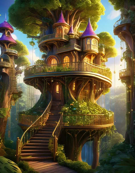 (whimsical treehouse,multiple floors,balconies,large tree,vibrant greenery,magical effect,fantasy,detailed environment,intricate...