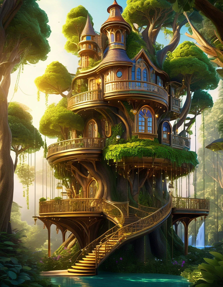 (whimsical treehouse,multiple floors,balconies,large tree,vibrant greenery,magical effect,fantasy,detailed environment,intricate architecture,lush foliage,warm lighting,enchanting atmosphere,highly detailed,cinematic,photorealistic,masterpiece:1.2,ultra-detailed,realistic,stunning,beautiful,detailed)