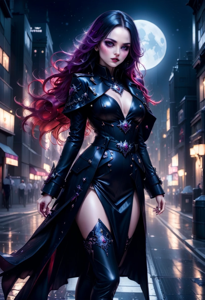 fantasy art, modern and gothic art, (masterpiece:1.5), full body best details, highly detailed, best quality, highres, full body portrait of a female vampire (Masterpiece, best quality: 1.6), ultra feminine, with a long curvy hair, blond hair, (red:1.3) eyes, ((beautiful delicate face)), Ultra Detailed Face (wearing elegant glamour open black trench coat: 1.5) , (flowing black trench coat: 1.5), wearing an intricate (purple suit: 1.2) (intricate details, Masterpiece, best quality: 1.3), high heeled boots, urban background (intense details, beat details), fantasy, at night light, natural ,moon light, clouds, gothic atmosphere, soft light, ((anatomically correct: 1.3)), high details, best quality, 16k, [ultra detailed], masterpiece, best quality, (extremely detailed), dynamic angle, drkfntasy, evening dress