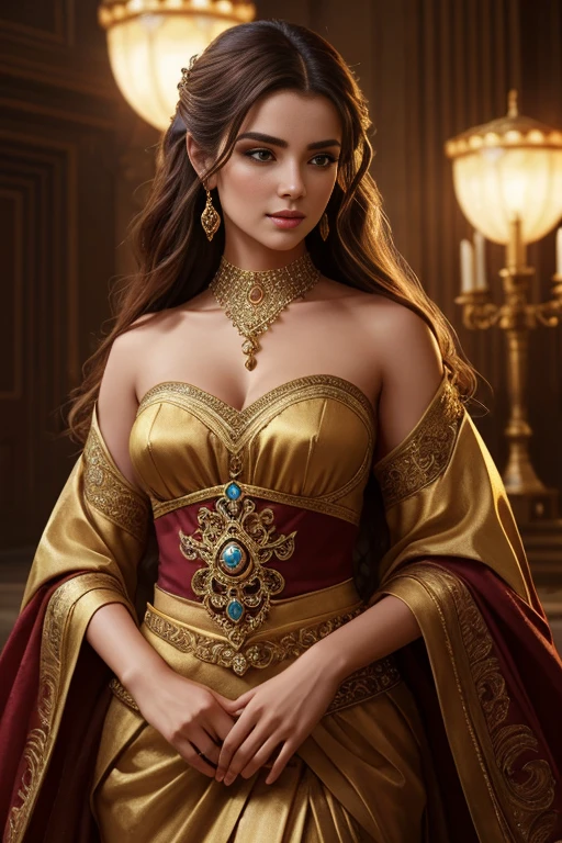 a beautiful woman, perfect face, detailed eyes, seductive expression, luxurious hair, natural beauty,5th century elegant attire, alluring pose, dramatic lighting, cinematic composition, vibrant colors, fantasy art style, photorealistic, 8k, best quality, masterpiece