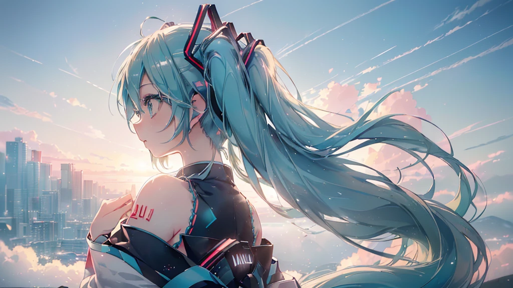 ((Asahi), ((Beautiful eyes)), (((Hatsune Miku))), (((Highest quality、masterpiece、Ultra-fine、Ultra-fine、Exquisite、16K、Full HD,))) 、(((profile、look back))),Long eyelashes、White skin、(thin and long)、 ((cute)) ((One person)) 、