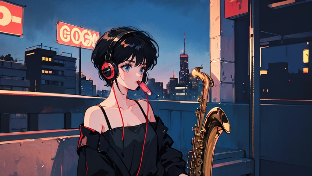 Black short Hair, Black Clothing, One Adult Woman  ,Blue headphones、 City、Delicate background、Masterpiece、night、dark、Nostalgic、roadside, playing saxophone, shadow,シルエット