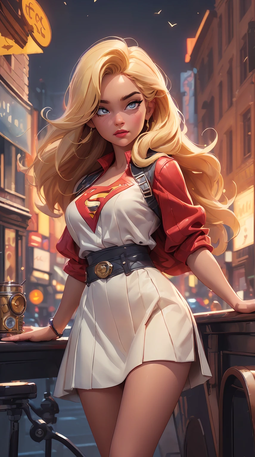 Super Girl,belle,teint foncé,Cheveux blonds,fille américaine,Voler dans le ciel,par Bob Byerley,par Charlie Bowater,Direction: Ko Young Hoon,fond de la ville de new york,look classique des années 40,(meilleure qualité,4K,8k,Haute résolution,oeuvre d&#39;art:1.2),ultra détails,(réaliste,photoréaliste,photo-réaliste:1.37),peinture à l&#39;huile,qualité d&#39;image similaire à celle d&#39;un maître&#39;diplôme,Ultra HD,détails impressionnants,éclairage professionnel,de couleur vive,bokeh,Super-héroïne puissante,expression confiante,flottant gracieusement au-dessus de la ville,style de bande dessinée américaine classique,netteté,avec une forte sensation de mouvement, dynamique et captivant,Attrayant et énergique.