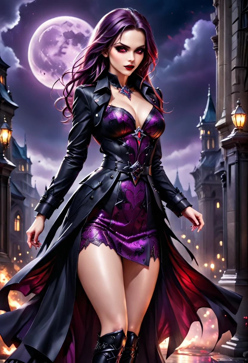 fantasy art, modern and gothic art, (masterpiece:1.5), full body best details, highly detailed, best quality, highres, full body portrait of a female vampire (Masterpiece, best quality: 1.6), ultra feminine, with a long curvy hair, blond hair, (red:1.3) eyes, ((beautiful delicate face)), Ultra Detailed Face (wearing elegant glamour open black trench coat: 1.5) , (flowing black trench coat: 1.5), wearing an intricate (purple suit: 1.2) (intricate details, Masterpiece, best quality: 1.3), high heeled boots, urban background (intense details, beat details), fantasy, at night light, natural ,moon light, clouds, gothic atmosphere, soft light, ((anatomically correct: 1.3)), high details, best quality, 16k, [ultra detailed], masterpiece, best quality, (extremely detailed), dynamic angle, drkfntasy, evening dress, Intense gaze