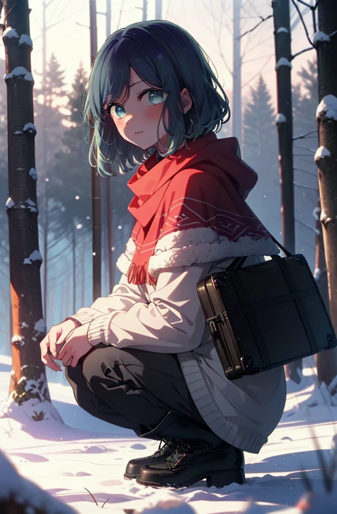 Akanekurokawa, akane kurokawa, Golpes, (ojos verdes:1.3), pelo azul, pelo medio, dark pelo azul,sonrisa,rubor,aliento blanco,
abre la boca,nieve,Hoguera de tierra, exterior, botas, nieveing, Desde el lado, madera, maleta, capa, Borroso, , bosque, Bolso blanco, naturaleza,  Squat, Boca cerrada, capa, invierno, Profundidad del límite escrito, zapatos negros, red capa break looking at viewer, Parte superior del cuerpo, todo el cuerpo, break exterior, bosque, naturaleza, break (obra maestra:1.2), de la máxima calidad, Alta resolución, fondo de pantalla de unidad 8k, (forma:0.8), (Bellos y bellos ojos:1.6), Cara muy detallada, Iluminación perfecta, CG extremadamente detallado, (manos perfectas, anatomía perfecta),