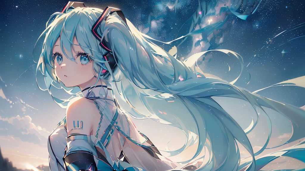 (((Starry Sky), ((Beautiful eyes)), (((Hatsune Miku))), (((Highest quality、masterpiece、Ultra-fine、Ultra-fine、Exquisite、16K、Full HD,))) 、(((look back))),Long eyelashes、White skin、(thin and long)、 ((cute)) ((One person)) 、