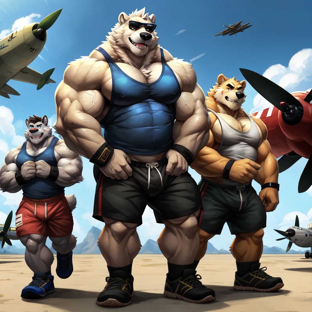 By dangpa, By daveoverlord, by kuulongarl, by takemoto, by kusunagi polar bear, muscular, topless, military, planes, huge pec, pectoral, large , white fur, blue tank top, black gym shorts, black wristbands, black gym shoes, wearing black sun glasses, attractive guy, 8k furry art