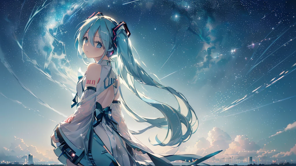 (((cielo estrellado), ((Ojos bonitos)), (((Hatsune Miku))), (((de la máxima calidad、obra maestra、Ultra-fine、Ultra-fine、Exquisito、16k、full HD,))) 、(((mirar atrás))),Pestañas largas、piel blanca、(delgado y largo)、 ((lindo)) ((One person)) 