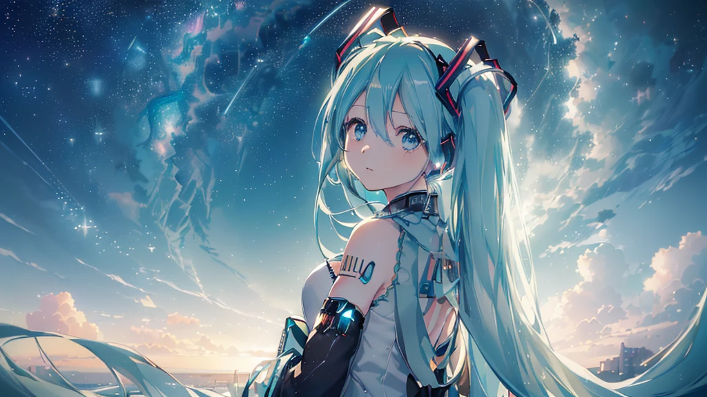 (((sternenklarer Himmel), ((wunderschöne Augen)), (((Hatsune Miku))), (((höchste Qualität、Meisterwerk、ultrafein、ultrafein、exquisit、16K、Full HD,))) 、(((zurückschauen))),lange Wimpern、weiße Haut、(dünn und lang)、 ((Niedlich)) ((eine Person)) 