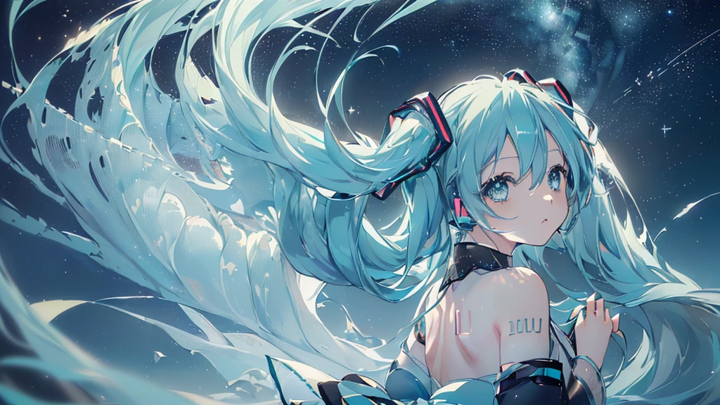 (((Starry Sky), ((Beautiful eyes)), (((Hatsune Miku))), (((Highest quality、masterpiece、Ultra-fine、Ultra-fine、Exquisite、16K、Full HD,))) 、(((look back))),Long eyelashes、White skin、(thin and long)、 ((cute)) ((One person)) 