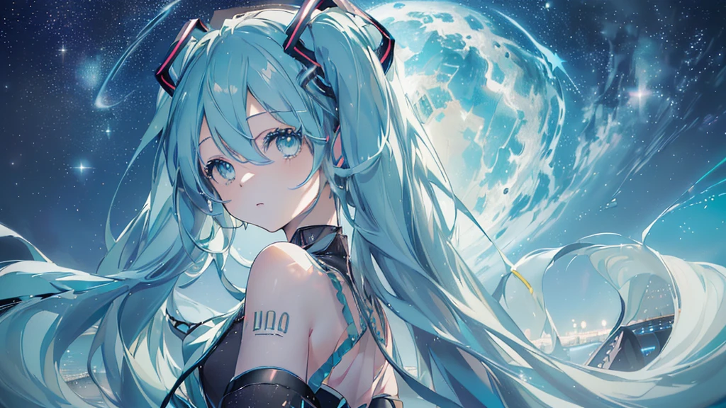 (((sternenklarer Himmel), ((wunderschöne Augen)), (((Hatsune Miku))), (((höchste Qualität、Meisterwerk、ultrafein、ultrafein、exquisit、16K、Full HD,))) 、(((zurückschauen))),lange Wimpern、weiße Haut、(dünn und lang)、 ((Niedlich)) ((eine Person)) 