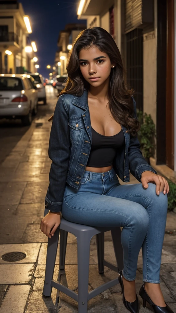 (selfie) of a beautiful 18 year old Latina girl, (oval face), (long, medium wavy, light brown hair), fit body, slim and sexy appearance, perfect body, (small breasts), intricate details, high quality , grainy film, acne, blemishes, detailed and freckled skin, (wearing black jacket and blue jeans), (in a neighborhood in Venezuela), (sitting on a plastic chair, looking at viewer), (photo taken at night, with flash), soft lighting, volumetric lighting, diffuse backlighting, (photorealistic), (ultra detailed)