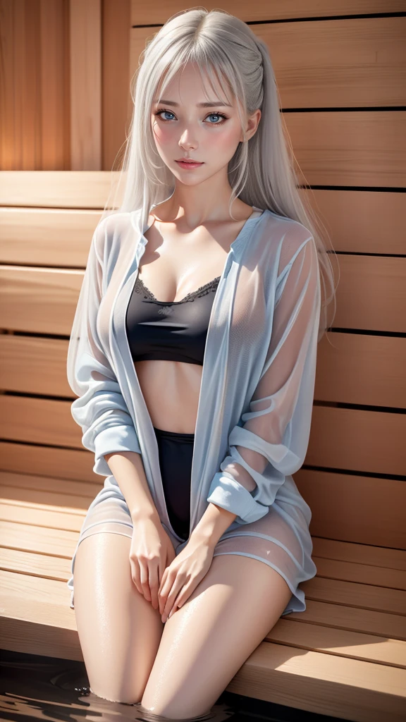 SAUNA,sitting,spread legs,(fellatio gesture),(floating in water),(soaked),(clothed:1.5),baggy t-shirt,(see through),lace swimsuit,(random porn pose),silver hair,(Thin type:1.5),(large breasts),(random hairstyle:1.2),(Highest image quality, (8K), Ultra-realistic, Best Quality, High quality, High Definition, high quality texture, high detailing, Beautiful detailed, fine detailed, extremely details CG, Detailed texture, realistic representation of face, masterpiece, presence)