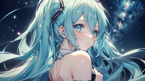 (starry sky), ((beautiful eyes)), (((hatsune miku))), (((highest quality、masterpiece、ultra-fine、ultra-fine、exquisite、16k、full hd...