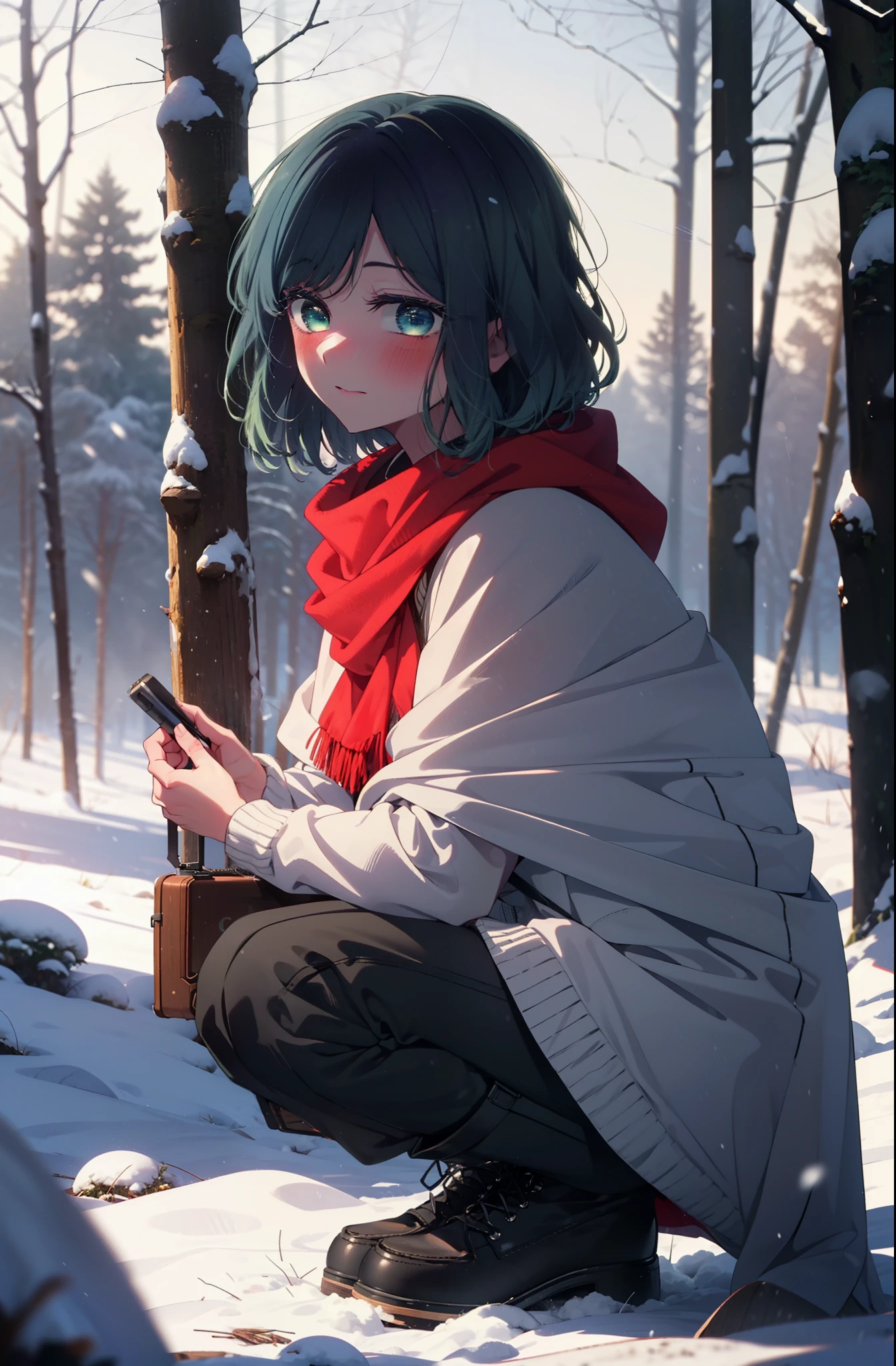 akanekurokawa, akane kurokawa, bangs, (Green Eyes:1.3), Blue Hair, Medium Hair, dark Blue Hair,smile,blush,White Breath,
Open your mouth,snow,Ground bonfire, Outdoor, boots, snowing, From the side, wood, suitcase, Cape, Blurred, , forest, White handbag, nature,  Squat, Mouth closed, Cape, winter, Written boundary depth, Black shoes, red Cape break looking at viewer, Upper Body, whole body, break Outdoor, forest, nature, break (masterpiece:1.2), Highest quality, High resolution, unity 8k wallpaper, (shape:0.8), (Beautiful and beautiful eyes:1.6), Highly detailed face, Perfect lighting, Extremely detailed CG, (Perfect hands, Perfect Anatomy),