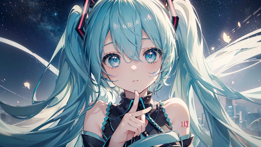 (ciel étoilé), ((Beaux yeux)), (((Hatsune Miku))), (((la plus haute qualité、chef-d&#39;œuvre、Ultra-fin、Ultra-fin、Exquis、16k、Full HD,))) 、long cils、peau blanche、(mince et long)、 ((Mignon)) ((une personne))