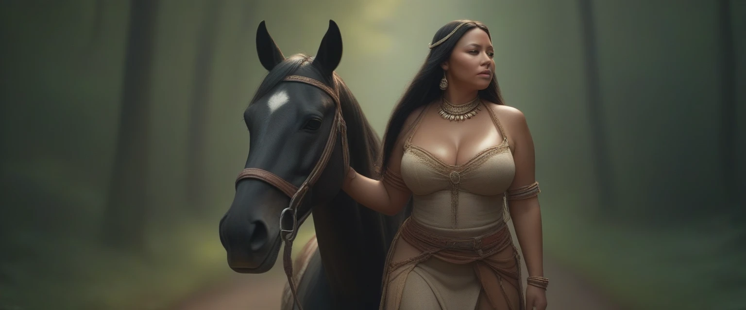 ((obra de arte)), ((melhor qualidade)), ((alta resolução)), ((extremamente detalhado)), ((Tiro longo, vista traseira)), 1 garota negra BBW como o figurino de Pocahontas, corpo todo, linda mulher nativa americana, Mulher Madura, peito grande, (Super Realista), (beleza incomparável), textura detalhada da pele, textura detalhada de pano, Lindo rosto detalhado, Intrincado details, ultra detalhado, jóias de penas indígenas, feather cabeçadress, vestido artesanal tradicional, (((montado num grande cavalo Percheron))), (((estrada no meio da floresta))), ultra realistic, arte conceitual, elegante, ((Intrincado)), ((Altamente detalhado)), profundidade de campo, ((classificação de cores profissionalmente)), iluminação ambiente suave, crepúsculo, (melhor qualidade, Uma alta resolução, fotorrealista, primitivo, 8K,obra de arte, ),melhor qualidade, Obra-prima8K.HDR. Costelas altas:1.2, grão de filme, Desfocar bokeh:1.10, reflexo de lente, (cor viva:1.10), (delicado),vista lateral completa do cavalo e do cavaleiro (cabeça,mãos,pés,cascos)