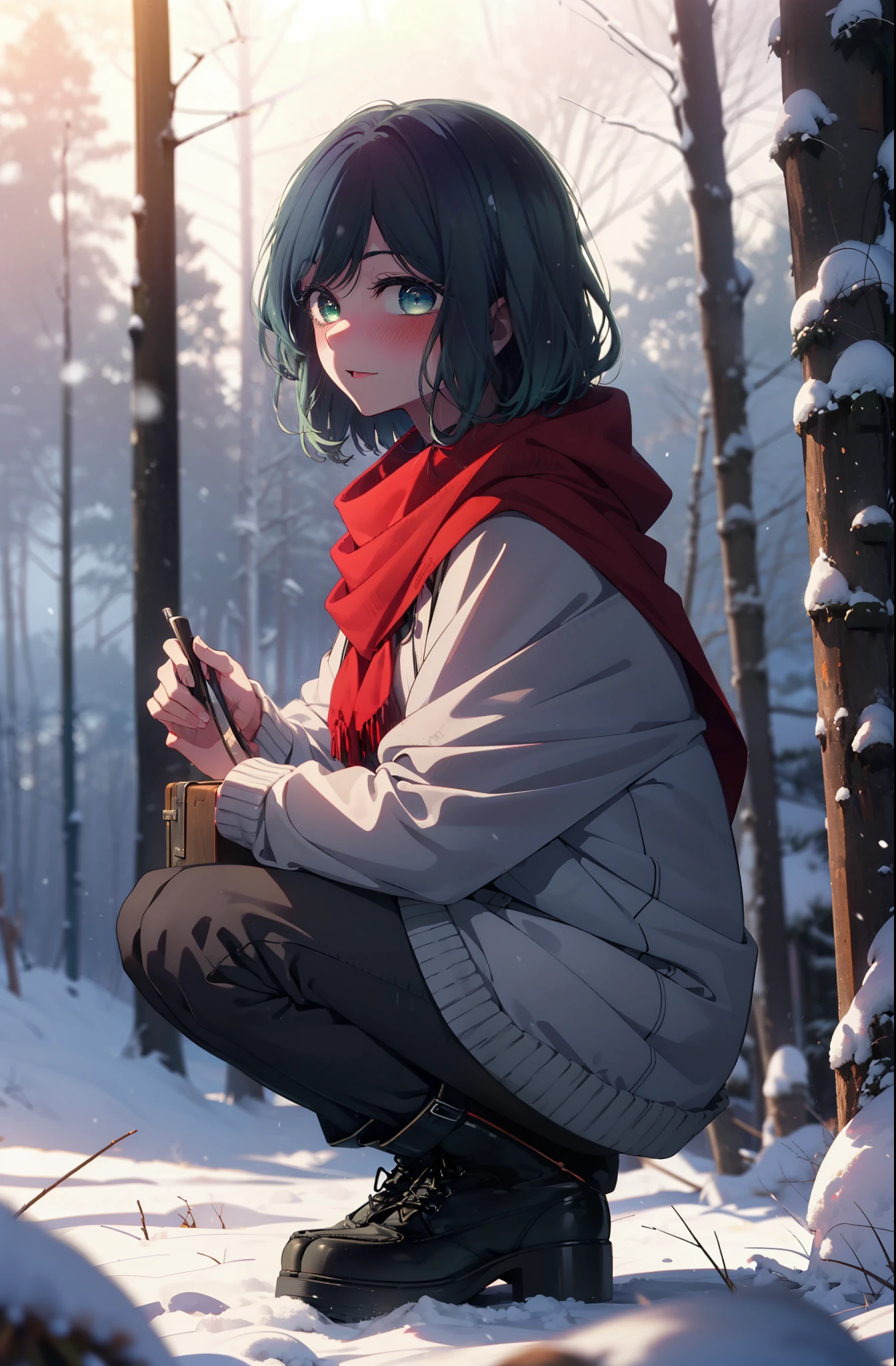 Akanekurokawa, akane kurokawa, Golpes, (ojos verdes:1.3), pelo azul, pelo medio, dark pelo azul,sonrisa,rubor,aliento blanco,
abre la boca,nieve,Hoguera de tierra, exterior, botas, nieveing, Desde el lado, madera, maleta, capa, Borroso, , bosque, Bolso blanco, naturaleza,  Squat, Boca cerrada, capa, invierno, Profundidad del límite escrito, zapatos negros, red capa break looking at viewer, Parte superior del cuerpo, todo el cuerpo, break exterior, bosque, naturaleza, break (obra maestra:1.2), de la máxima calidad, Alta resolución, fondo de pantalla de unidad 8k, (forma:0.8), (Bellos y bellos ojos:1.6), Cara muy detallada, Iluminación perfecta, CG extremadamente detallado, (manos perfectas, anatomía perfecta),