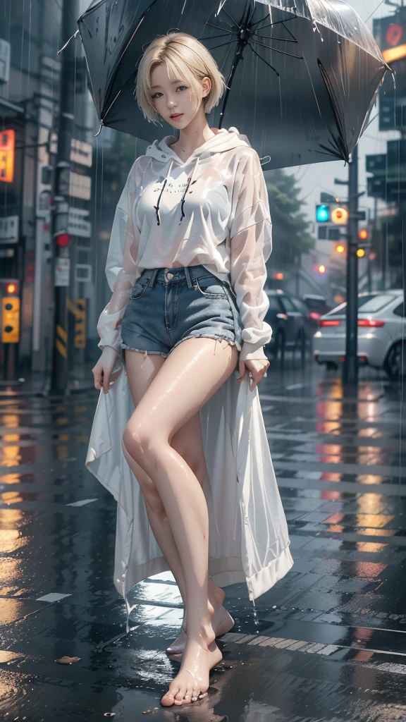 Young Korean woman standing,  ((on the city street)),  ((fully clothed)), ((Hoodie made of transparent vinyl)),white short pants,((bare foot)), blonde with short hair, slim physique, two tone color hair, mid-afternoon, gray light, cloudy, detailed background, dark, busy street, crowded street, cinematic, pessimistic, masterpiece,  best quality, raw photo, closely, enlargement됨,  realistic, ((View viewer)), catch yourself, transparent, dripping, 아름다운 realistic 사진, surreal fantasy photo,  enlargement, solid frame, 8K, very detailed, detailed skin, blue eyes, dark skin, ((soggy)), ((soggy)), (falling water), sagging clothes, wet street, Everything is wet, wet, dripping hair, angle of view, (Posing for a photo) portrait, enlargement, floor angle, Fog, ((heavy rain)), ((hazy rain)), rain on your face, wet face, shallow depth of field