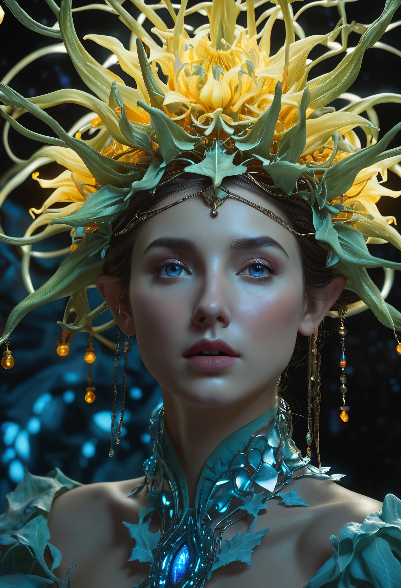 (Best Quality,4k,8k,high resolution,Masterpiece:1.2),ultra detailed,sharp focus,(realist,photorealist,photo-realist:1.37), (tangled up, datura, fractal, lattice), (surreal fractal art:1.3), (mechanical bioluminescent elf princess:1.5), (Very detailed, 8k, beautiful epic dramatic scene), (Fotorrealist, cinematic lighting, dramatic, impressive composition), (awesome colors, Vibrant, bright), (from another world, ethereal, mystic), Very detailed face,extremely detailed facial features,hyper realist skin texture,extremely fine details,intricate details,detailed eyes,Detailed nose,detailed lips,detailed facial expressions,intricate facial anatomy,intense lighting,dramatic lighting,changing lighting,cinematic lighting,chiaroscuro lighting,dramatic shadows,momentos dramatics,vivid colors,intense colours,Deep contrast,cinematic depth of field,cinematographic composition,cinematic camera angle